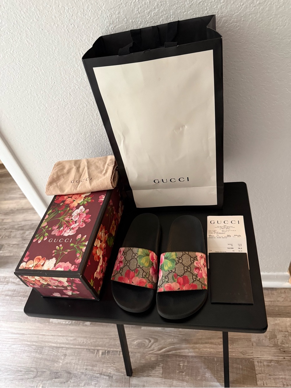 Gucci Black Slides with Floral GG Canvas Strap